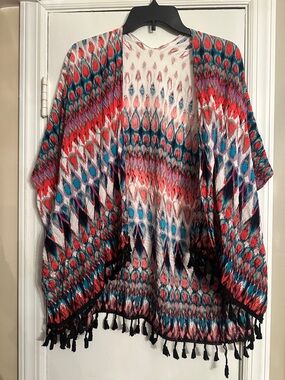 Colorful Ikat Print Tassel Kimono - Multicolor